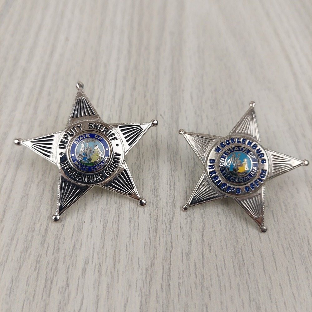 Mecklenburg County NC Sheriff Deputy Hat Star Insignia Pins Silver Blue 2pc Set